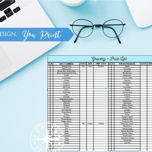 Könnte beinhalten: Eine schwarz-weiße druckbare Einkaufsliste mit Spalten für trockene und konserven, frische Produkte, Kosten, Größe und Stückkosten. Die Liste enthält Artikel wie Backpulver, Reis, Brot, Müsli, Kaffee, Mehl, Marmelade, Senf, Öl, Nudeln, Pfeffer, Salz, Zucker, Thunfisch, Vanille und Essig. Die Liste der frischen Produkte enthält Artikel wie Äpfel, Avocados, Bananen, Blaubeeren, Karotten, Sellerie, Mais, Gurken, Trauben, Zitronen, Salat, Pilze, Zwiebeln, Pfirsiche, Birnen, Paprika, Kartoffeln, Spinat, Kürbis, Erdbeeren, Tomaten und Zucchini.