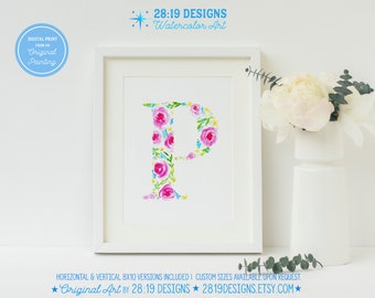 Floral Letter P Watercolor Print, Initial Monogram (Digital Download)