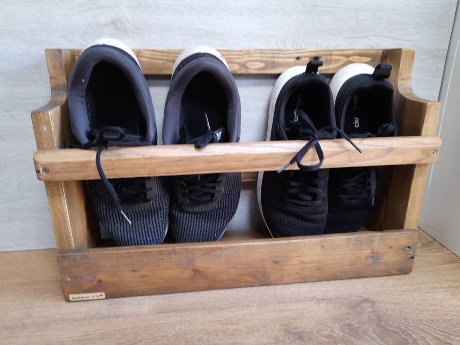 Handmade rustic wall mounted wooden shoe rack tidy. Made from Etsy
