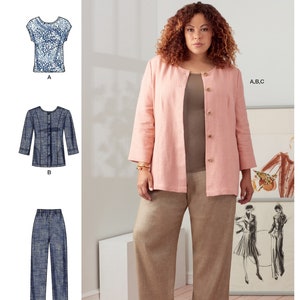 May include: A sewing pattern for a women's top, jacket, and pants. The pattern is from Simplicity and is size 18W-24W. The top is a short-sleeved, floral print top. The jacket is a long-sleeved, pink jacket. The pants are a pair of wide-leg, brown pants.