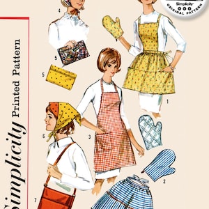 May include: A vintage sewing pattern for a 1960s apron with a yellow floral print, a red and white gingham apron, and a blue and white striped skirt. The pattern also includes instructions for making matching oven mitts and a tote bag.