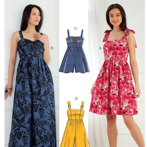 May include: A sewing pattern for four different styles of dresses and jumpsuits. The pattern includes a floral print dress, a denim jumpsuit, a floral print dress with tie straps, and a yellow jumpsuit. The pattern is labeled McCall's M7778.