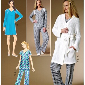 May include: A Butterick sewing pattern featuring illustrations of sleepwear designs. The designs include a blue dress, a pajama set with a geometric pattern, and a white robe with a tie. The pattern number is B6428.