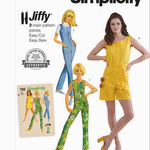 May include: Simplicity sewing pattern featuring vintage 1960s designs. The pattern includes options for jumpsuits and rompers. The image shows illustrations of the finished garments in blue, green floral, and yellow. The pattern is labeled "Jiffy" and "Easy-to-Sew".