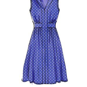 May include: A sleeveless blue dress with white polka dots. The dress features a V-neck, a fitted waist with a belt detail, and a flared skirt. The design is a classic, feminine style.