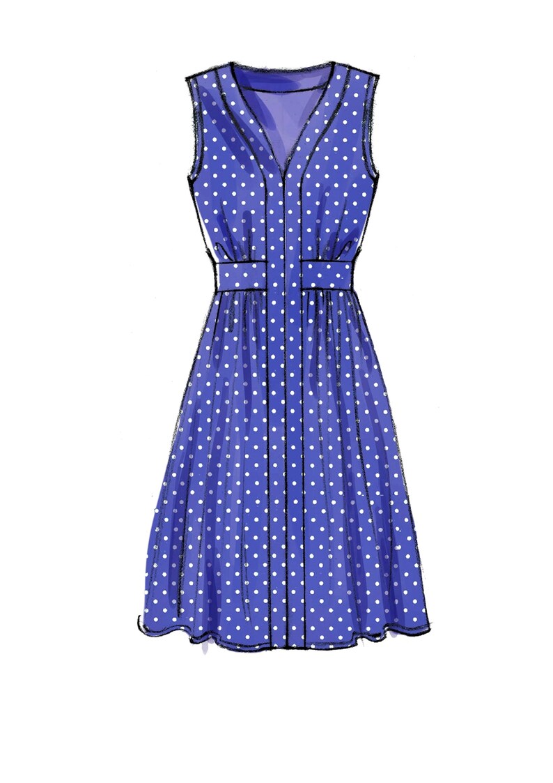 May include: A sleeveless blue dress with white polka dots. The dress features a V-neck, a fitted waist with a belt detail, and a flared skirt. The design is a classic, feminine style.