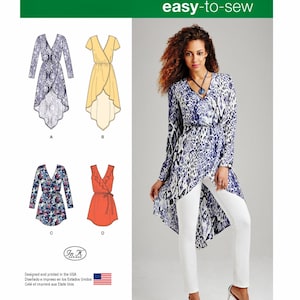 May include: A sewing pattern for a wrap top with long sleeves and a high-low hemline. The pattern includes four different views: a long-sleeved top with a leopard print, a short-sleeved top with a yellow print, a long-sleeved top with a floral print, and a sleeveless top with a red print. The pattern is from Simplicity and is easy-to-sew.