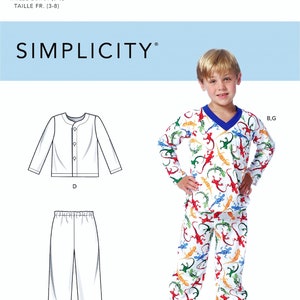 May include: Simplicity pattern S9203 for children's pajamas. The image shows a child wearing a white pajama set with a colorful lizard print. The pattern includes diagrams of a button-up top and pants. The text "SIMPLICITY" is visible.