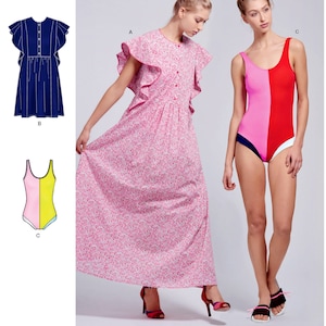 May include: Simplicity sewing pattern S8928 for a dress and swimsuit by Cynthia Rowley. The dress has a pink floral print with ruffled sleeves and a button-up front. The swimsuit is pink and red with a white trim.