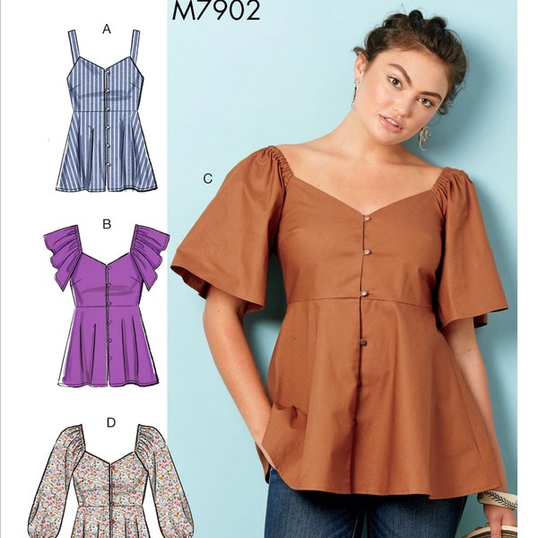 Sewing Pattern Misses Tops Pattern, Front Button Blouse Pattern, High Waist Peplum Top Pattern, McCall's Sewing Pattern 7902