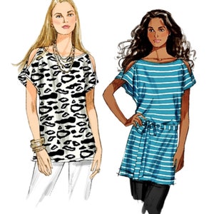 May include: Two women's tops with cold shoulder detail. One top is black and white with a leopard print. The other top is blue and white striped with a matching belt.