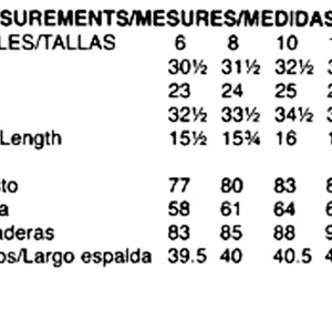 May include: A black and white chart with body measurements in inches and centimeters. The chart includes bust, waist, hip, and back waist length measurements for sizes 6 through 22. The text "BODY MEASUREMENTS" is at the top.