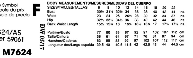 May include: A black and white chart with body measurements in inches and centimeters. The chart includes bust, waist, hip, and back waist length measurements for sizes 6 through 22. The text "BODY MEASUREMENTS" is at the top.