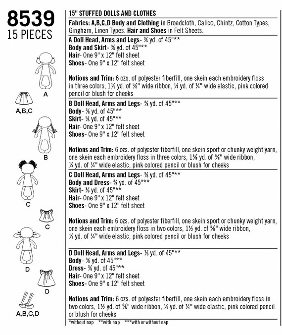 love /'em Simplicity 8539 15/" Tall Stuffed /"Bite of Whimsey Dolls/" Make /'em
