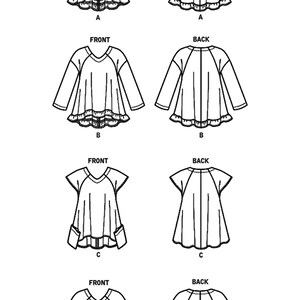 May include: Line drawing patterns for a tunic top with four different sleeve and hem variations. The top has a V-neck and a loose fit. The variations include short sleeves with a scalloped hem, long sleeves with a scalloped hem, short sleeves with a straight hem and pockets, and long sleeves with a straight hem and pockets.