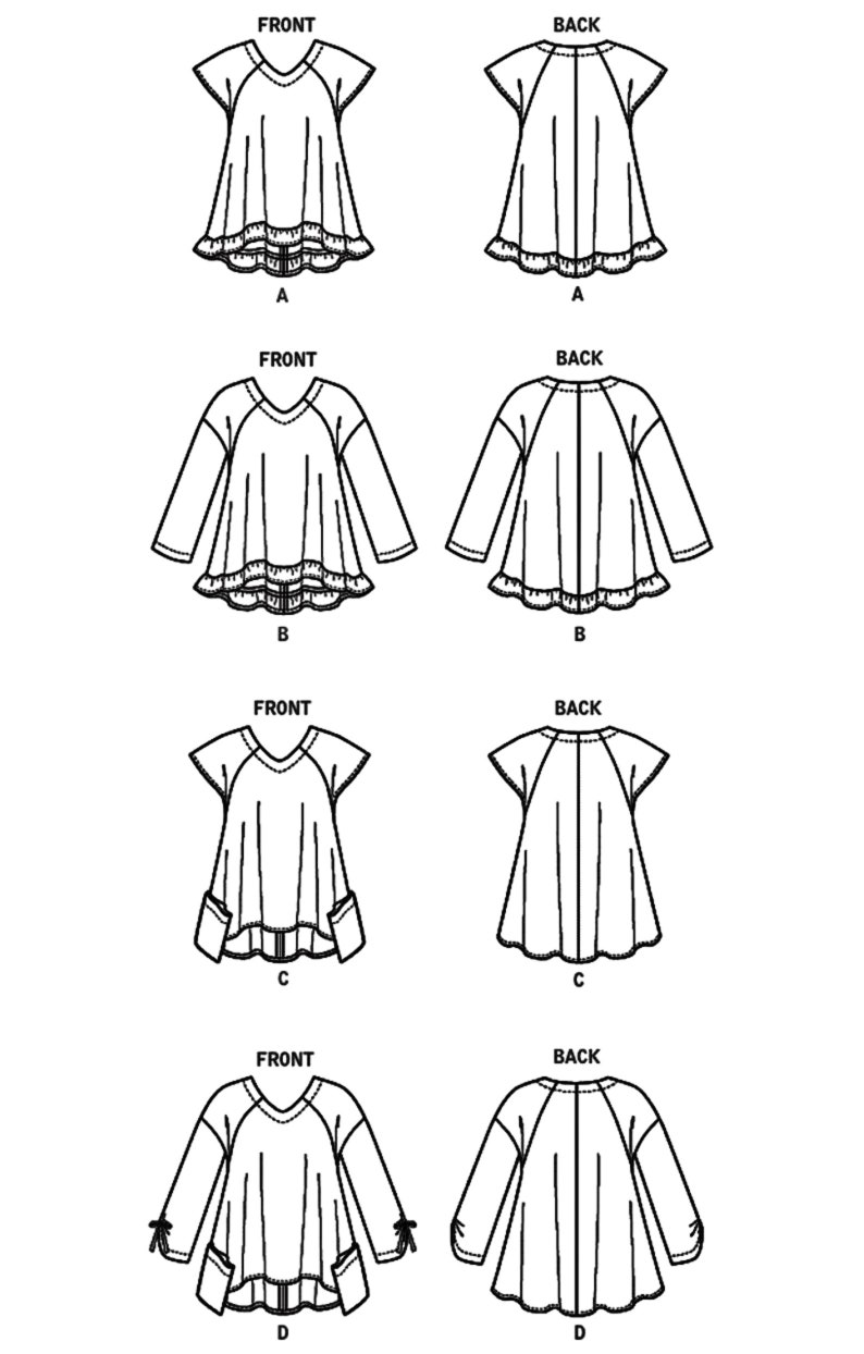 May include: Line drawing patterns for a tunic top with four different sleeve and hem variations. The top has a V-neck and a loose fit. The variations include short sleeves with a scalloped hem, long sleeves with a scalloped hem, short sleeves with a straight hem and pockets, and long sleeves with a straight hem and pockets.