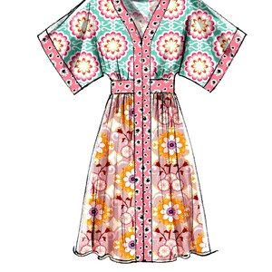 May include: A colorful floral print dress with a V-neckline and short sleeves. The dress features a pink and white floral pattern on a teal background on the sleeves and bodice, and a pink and orange floral pattern on the skirt.