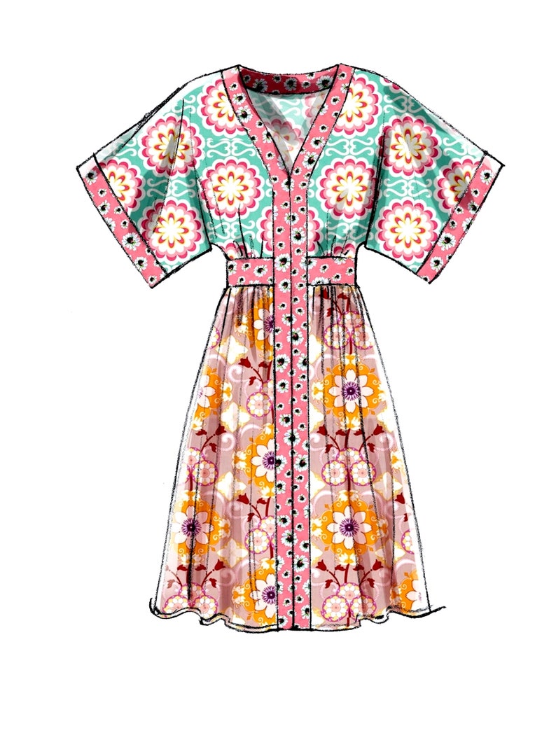 May include: A colorful floral print dress with a V-neckline and short sleeves. The dress features a pink and white floral pattern on a teal background on the sleeves and bodice, and a pink and orange floral pattern on the skirt.