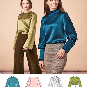 May include: Simplicity sewing pattern number 8737 for a blouse with four different variations. The pattern shows a teal blue blouse with a high neck and long sleeves, a pink blouse with a high neck and long sleeves, a black and white polka dot blouse with a high neck and long sleeves, and a green blouse with a wrap neckline and long sleeves.