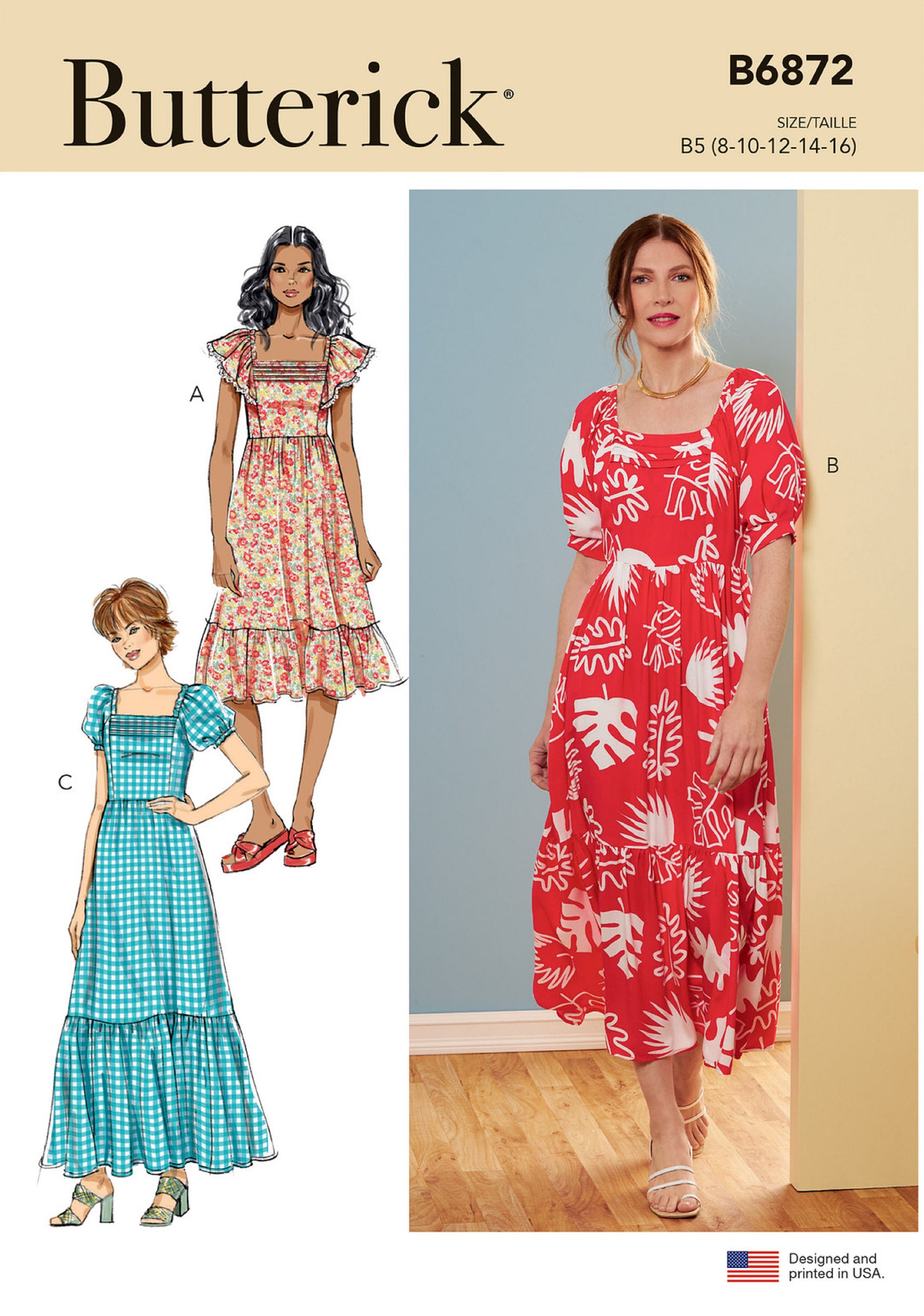 Sewing Pattern Square Neckline Dress Pattern, Gathered Skirt Dress ...