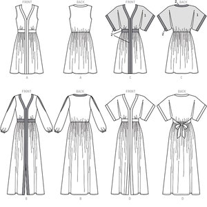 May include: Line drawings of various dress designs. The dresses feature V-necklines, fitted waists, and pleated skirts. Some have short sleeves, others long sleeves, and one has a bow at the back. The designs are shown from the front and back.