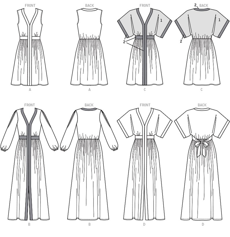 May include: Line drawings of various dress designs. The dresses feature V-necklines, fitted waists, and pleated skirts. Some have short sleeves, others long sleeves, and one has a bow at the back. The designs are shown from the front and back.