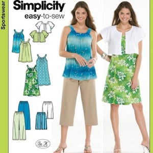 May include: Simplicity easy-to-sew sportswear pattern. The image shows a woman wearing a blue and turquoise top with khaki capri pants. Another woman wears a green floral dress with a white bolero jacket. The pattern includes various top and bottom designs.
