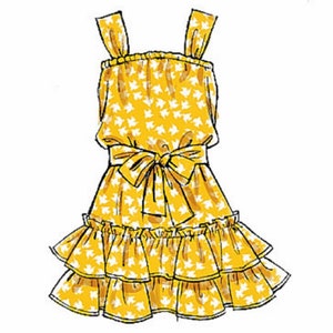 May include: A yellow dress with a white floral print and a ruffled hem. The dress has thin straps and a bow at the waist.