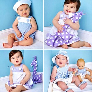 May include: A sewing pattern for a baby's outfit, featuring a dress, a romper, and a hat. The pattern includes a giraffe toy. The pattern is from Simplicity and is called "Ruby Jean's Closet".
