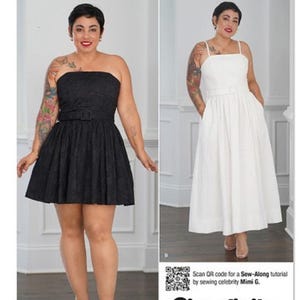 May include: Simplicity sewing pattern S9917 features two dresses. One is a black strapless mini dress with a belt. The other is a white midi dress with spaghetti straps and a belt. The pattern is designed and printed in the USA.