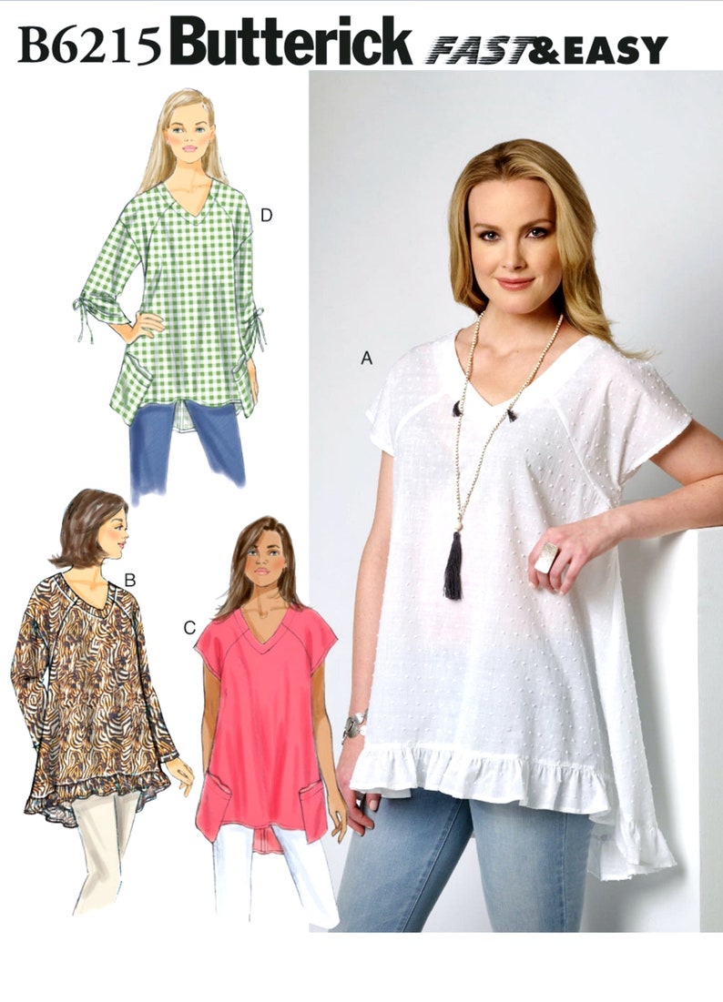 May include: A sewing pattern for a women's top with a V-neckline and a ruffled hem. The pattern includes four different styles, each with a different sleeve length and fabric pattern. The pattern is from Butterick and is labeled "Fast & Easy".