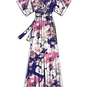 May include: A long, flowing dress with a floral pattern. The dress features a V-neck, short sleeves, and a belted waist. The fabric is a mix of white, pink, and purple flowers on a navy blue background. The dress has a matching belt.