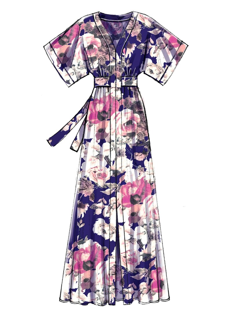 May include: A long, flowing dress with a floral pattern. The dress features a V-neck, short sleeves, and a belted waist. The fabric is a mix of white, pink, and purple flowers on a navy blue background. The dress has a matching belt.