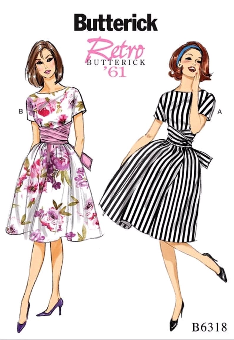 May include: A sewing pattern for a dress with two different styles. The first style is a floral print dress with a pink sash. The second style is a black and white striped dress with a black sash. The pattern number is B6318.  The text "Butterick Retro '61" is also included.
