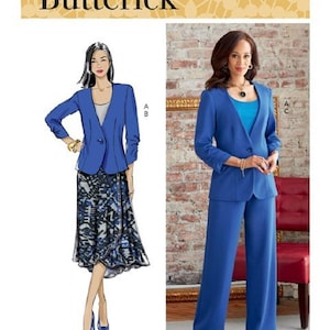 May include: A sewing pattern for a blue blazer and pants set. The pattern is from Butterick and the pattern number is B6860.