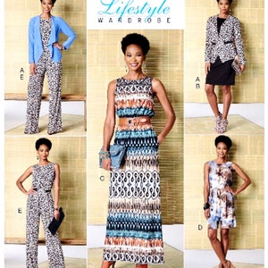 May include: A sewing pattern for a jumpsuit, dress, and skirt. The pattern is from Butterick Lifestyle Wardrobe and is labeled B6330. The pattern shows a model wearing a jumpsuit with a leopard print, a dress with a colorful print, and a skirt with a black fabric.