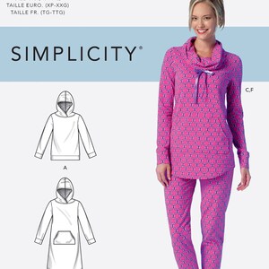 May include: Simplicity sewing pattern S9210 for a hooded top, tunic, and shorts. The pattern includes size options from XS to XXL. The model is wearing a pink and purple patterned outfit. The text "EASY-TO-SEW" is at the top.