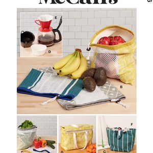 May include: A sewing pattern for making reusable grocery bags. The pattern includes instructions for making a variety of bags, including a tote bag, a mesh bag, and a drawstring bag. The bags are shown in different colors and patterns, and are filled with various fruits and vegetables.
