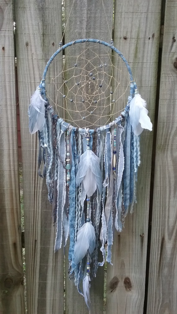Dusty Blue Faded Denim Dream Catcher, Boho, Gypsy, Shabby Chic 