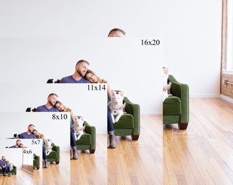 May include: A couple and their dog are sitting on a green velvet couch. The couple is cuddling and the dog is sitting on the couch with them. The photo is taken in a white room with a brick wall in the background.