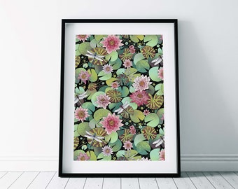 Seerosen und Libellen Print/ Waterlily Pond Poster/ Lotus Flower Print/ Botanischer Garten Print