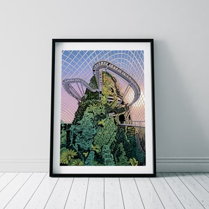 May include: A digital illustration of a large, green, tree-covered structure with a metal walkway winding around it. The structure is surrounded by a glass dome with a blue sky and clouds visible through the glass.