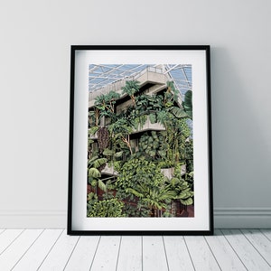 May include: A framed illustration depicting a building with a glass roof and abundant greenery growing within. The building features a contemporary design with concrete walls and balconies. The plants are a mix of green hues and textures, creating a lively and natural ambiance.