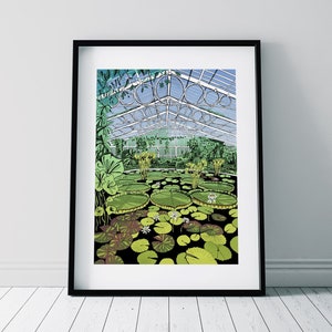 Kew Gardens Seerosen Jungle Print / Botanischer Garten Poster / Gewächshaus Illustration / Seerosenhaus