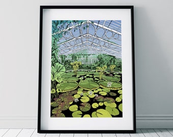 Kew Gardens Water Lilies Jungle Print/ Botanical Garden Poster/ Greenhouse Illustration/ Waterlily house