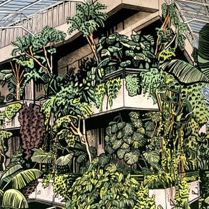 May include: A black and white illustration of a building with a glass roof and lush greenery growing on the exterior walls. The building has a modern design with geometric shapes and a layered structure. The illustration is detailed and intricate, capturing the beauty of nature and architecture.