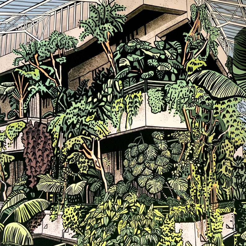 May include: A black and white illustration of a building with a glass roof and lush greenery growing on the exterior walls. The building has a modern design with geometric shapes and a layered structure. The illustration is detailed and intricate, capturing the beauty of nature and architecture.