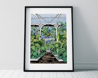 Kew Gardens Palmenhaus Jungle Print/ Botanischer Garten Poster/ Gewächshaus Illustration/ Eingang