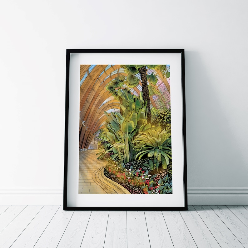 May include: A framed illustration of a lush indoor garden with a winding path. The garden features a variety of tropical plants, including palm trees, ferns, and flowering plants. The walls are made of wood and have a curved design. The overall color scheme is warm and inviting.