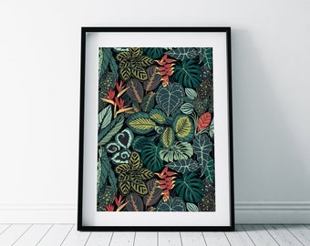 Rainforest Pattern Print/ Tropical Jungle Print/ Botanical Leaves Print/ Monstera plant Print/ Houseplant Poster